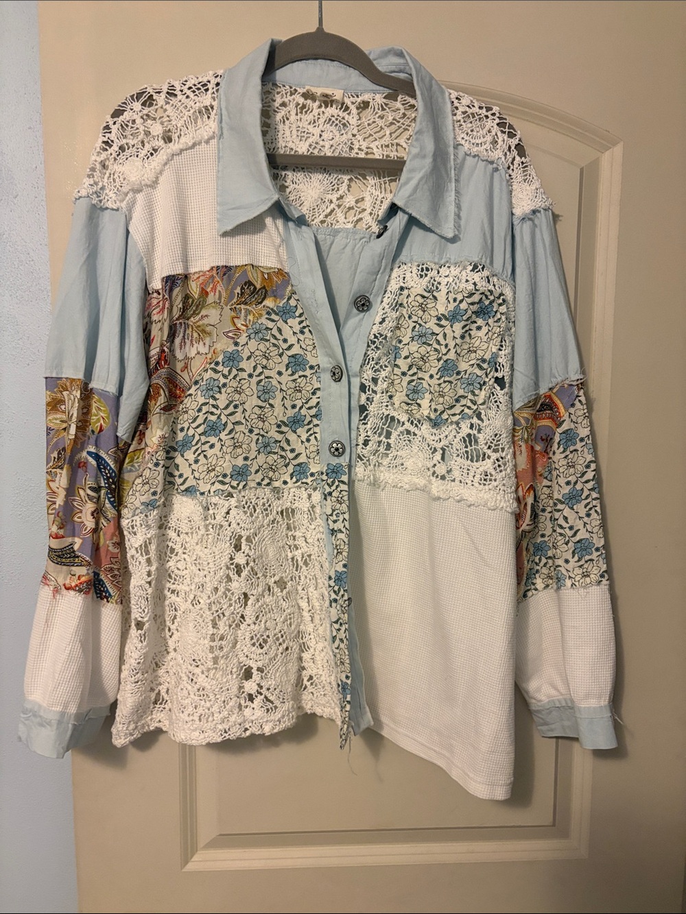 POL Patchwork Lace Button-Down Shirt in Light Blue and White
